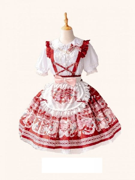 [$59.50]In Stock Red Bunny Strawberry Print Sweet Overall Dress+White Peter Pan Collar Blouse Set