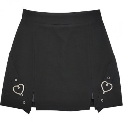 Black Heart-shaped Buckles Slit Mini Skirt