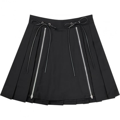 Black Zip Slit Hem Pleated Skirt