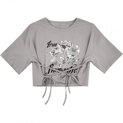 Gray Rose Print Self-tie Straps Waist Short T-shirt