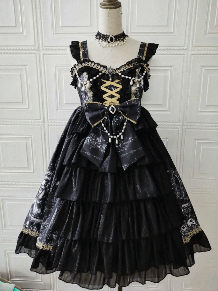 Dragon Driving Witch Girl and Dragon Print  Lace-up Detail Sweetheart Neckline Tiered Skirt Lolita JSK