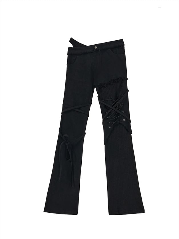 Asymmetrical Straps Design Semi-sheer Knitting Patches Flared Jeans