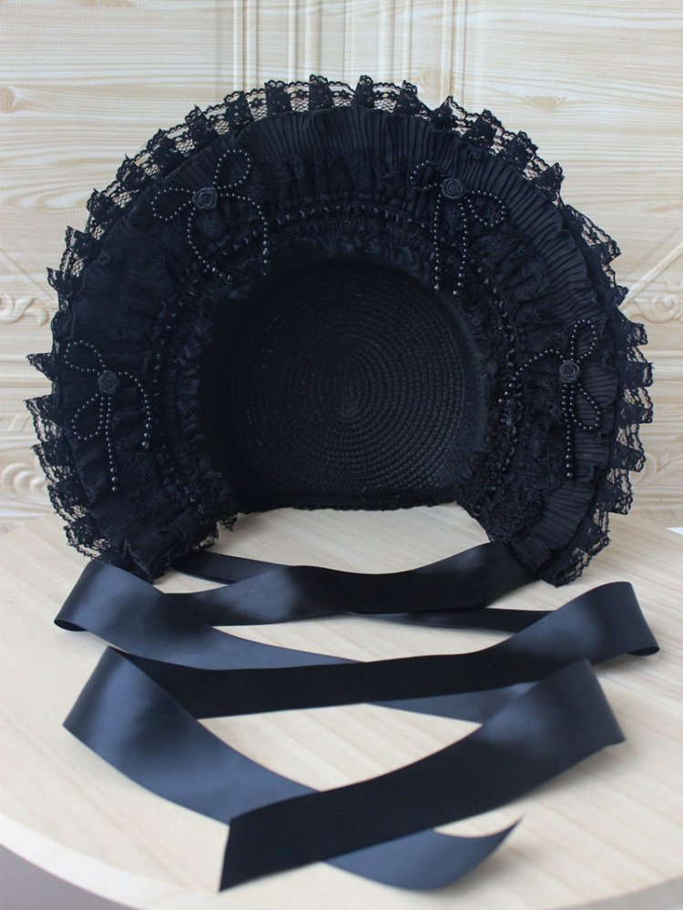 Black Handmade Beaded Gothic Lolita Bonnet