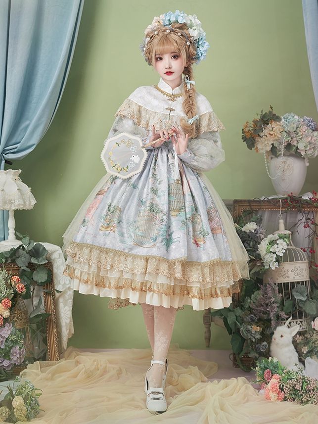 Bi'An Han Lolita Floral Hem Banded Collar Long Sleeves Lolita OP