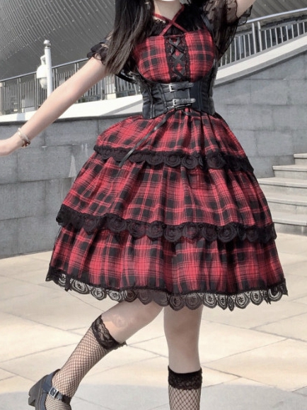 In Stock Red Plaid Halter Neck Tiered Ruffle Slip Dress