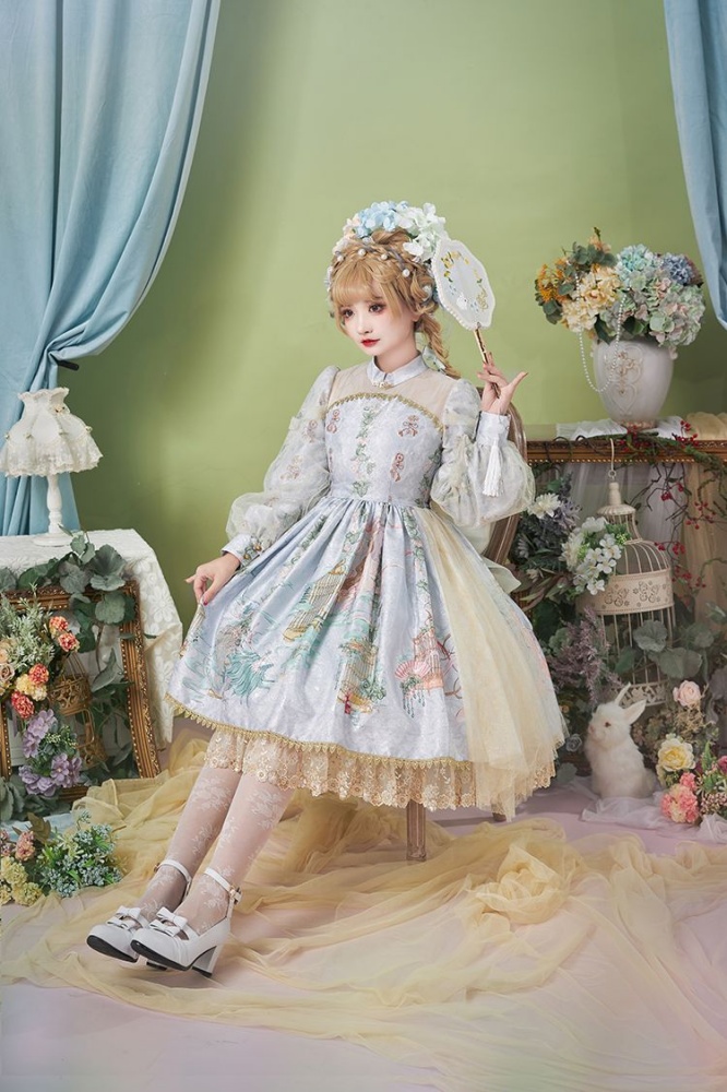 Bi'An Han Lolita Floral Hem Banded Collar Long Sleeves Lolita OP