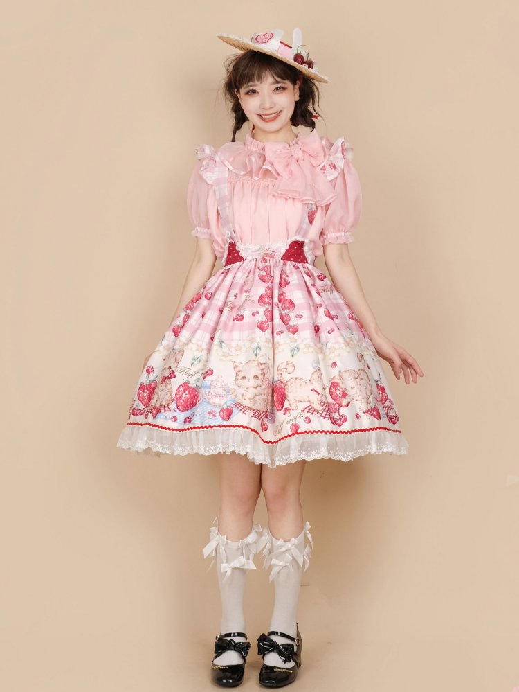 Strawberry and Cat Print Cat Ears Design Sweet Lolita Overall Dress
