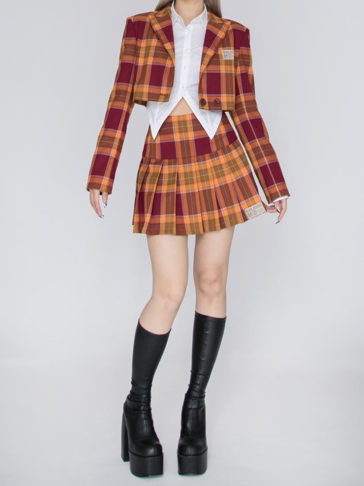Campus Spice Girl Yellow and Red Plaid Pattern Short Blazer