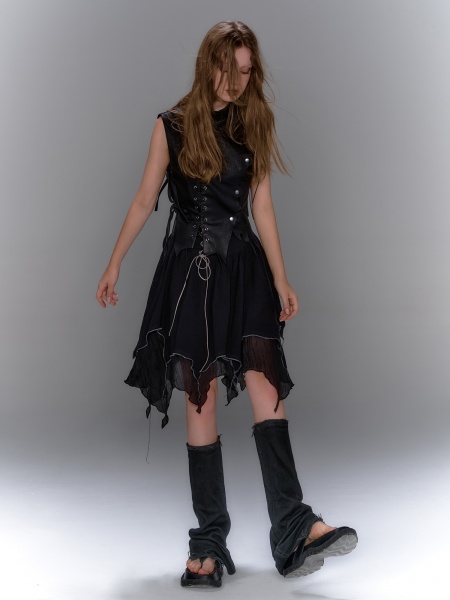 [$92.00]In Stock Black Lace-up Waist Irregular Hem Skirt