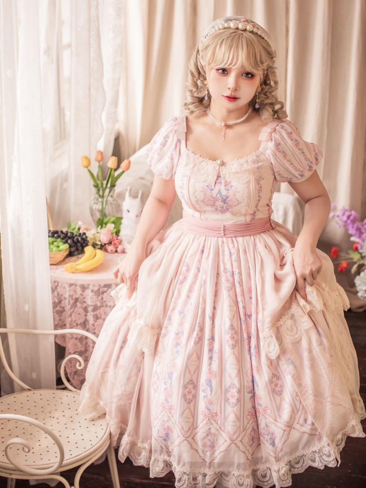 [$107.25]White Moon Rose Floral Print Square Neckline Short Sleeves Lolita OP