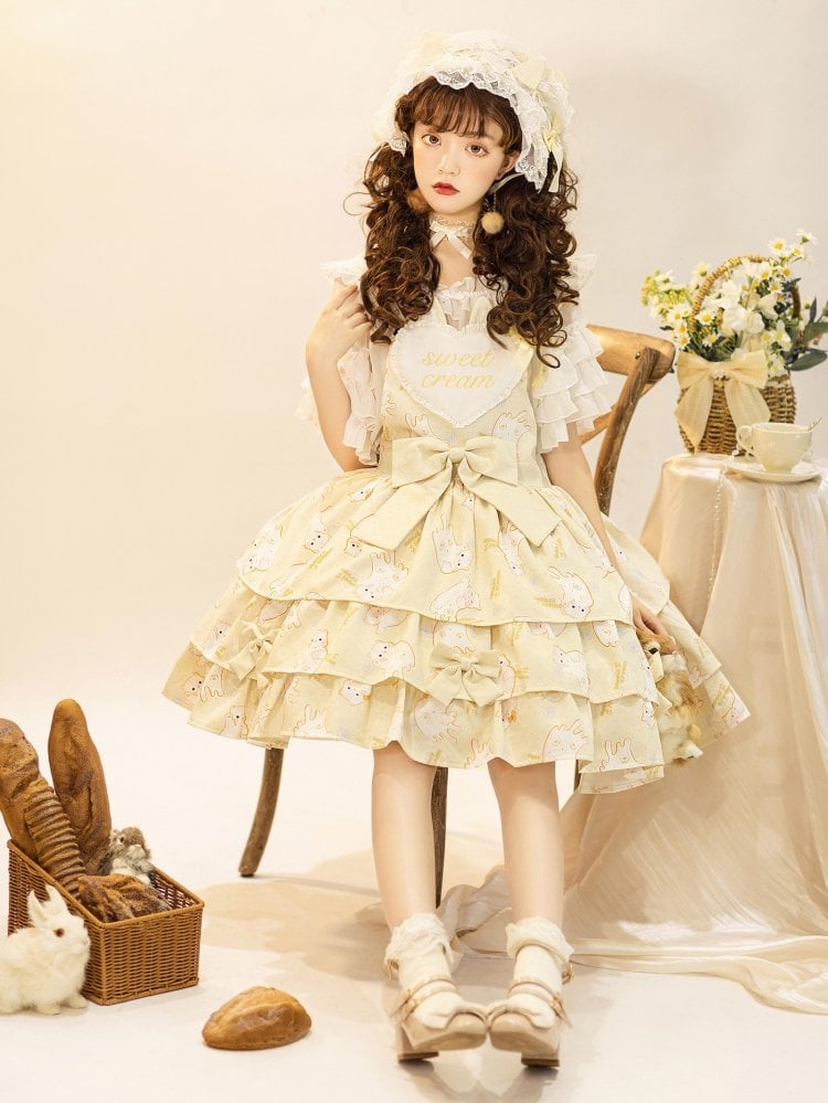 In Stock Kitty Print Bowknot Details Tiered Ruffle Hem Overall Dress
