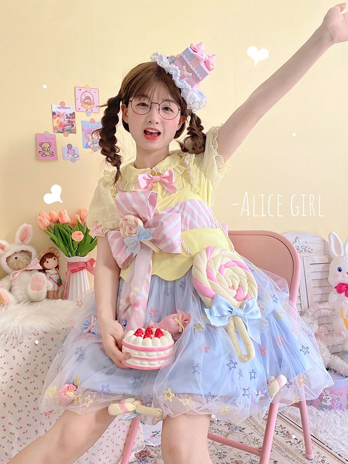 Rainbow Candy Stars Print Lollipop Design Lolita JSK+Blouse Set