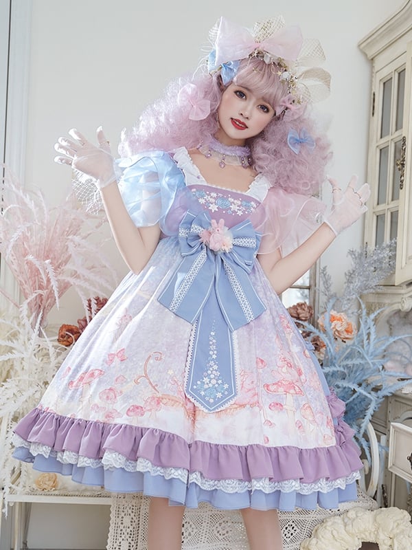 Mushroom Bunny Print Flutter Sleeves High Waist Sweet Lolita JSK