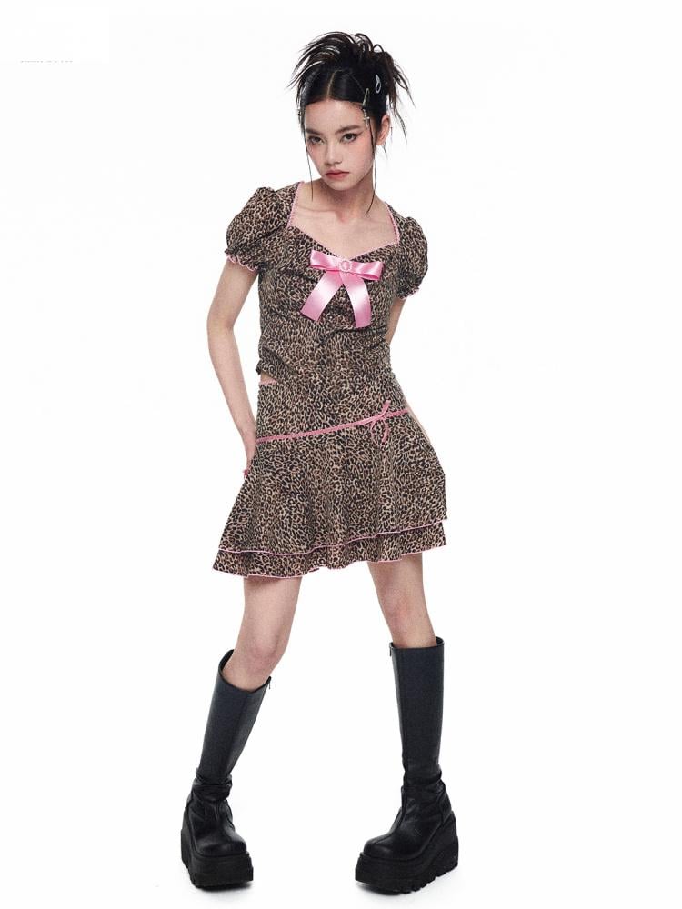 Leopard Print Pink Bowknot Puff Sleeves Top+Leopard Print Ruffle Skirt