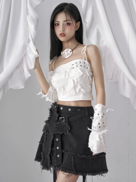 [$66.00]Black Cross Design Raw and Frayed Hem  Skirt