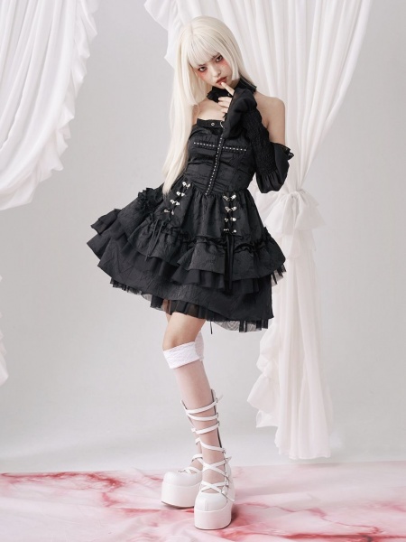 [$115.75]Black Cross Design Strapless Jacquard Dress+Choker+Sleeves Set