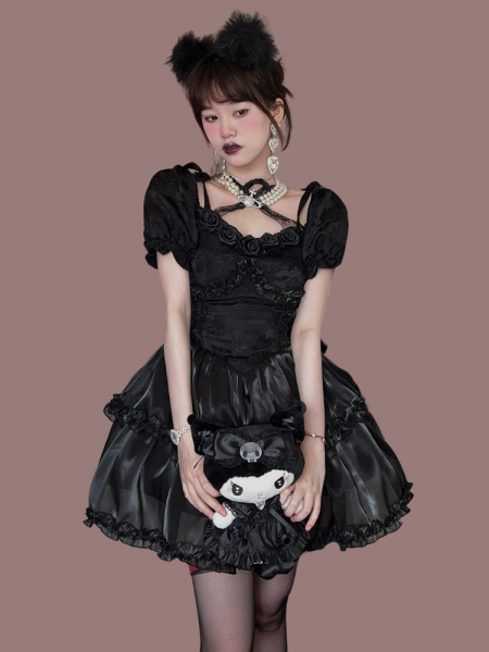 [$59.50]Gothic Manor Short Puff Sleeves Dress