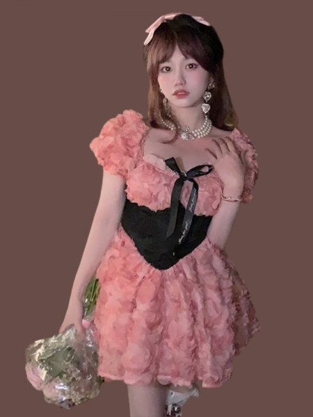 [$51.35]Puff Sleeves Floral Design Rose Bay Pink Dress