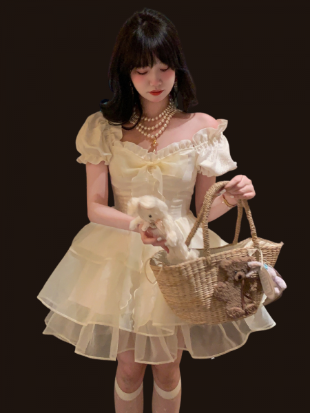 [$45.67]Ruffle Neckline Puff Sleeves Snow White Dress