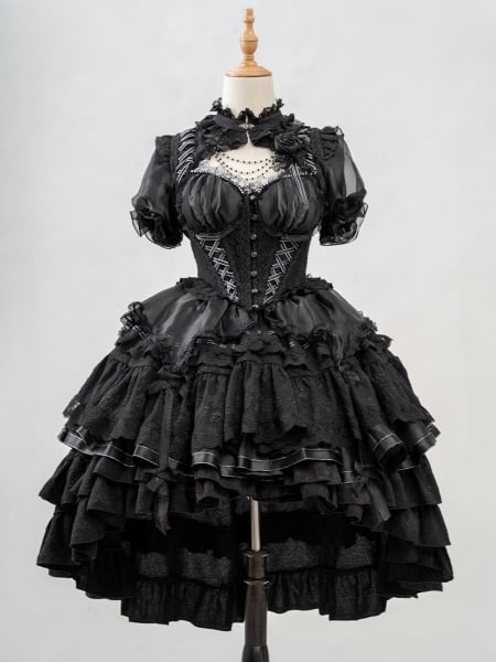 Black Tiered Skirt and Flounce Hem Gothic Lolita Jumper Skirt Full Set