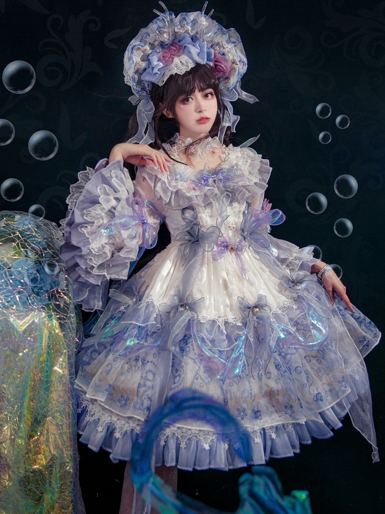 Season Song Hime Lolita Floral Fringe Long Bell Sleeves Lolita OP/Full Set