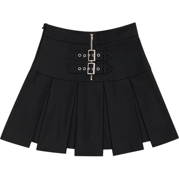 Box Pleat Skirt with Buckle and Zip Front Skirt