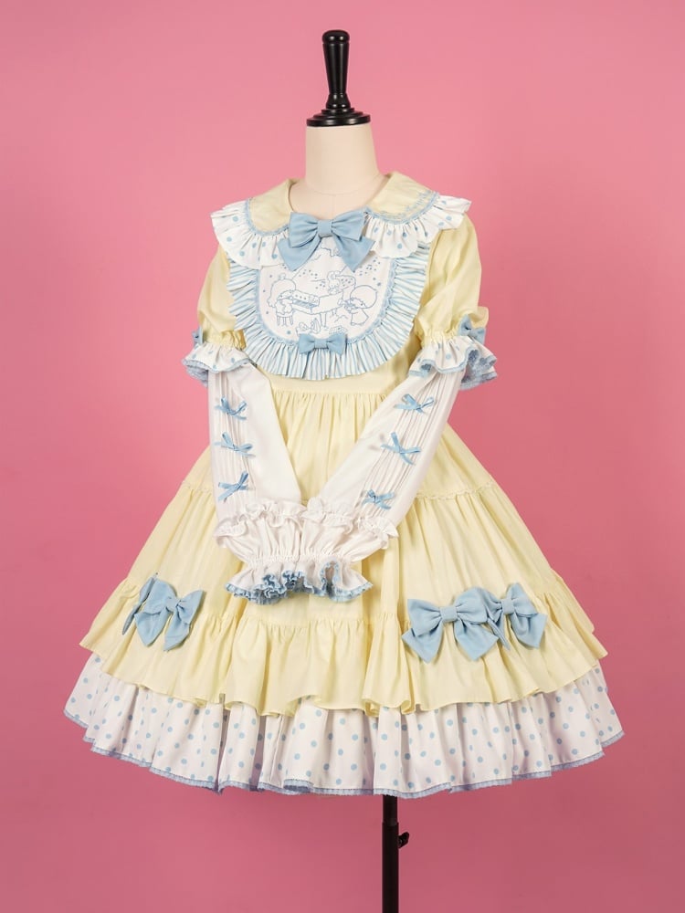 [$94.50]Sanrio Authorized Little Twin Stars Bowknot Details Ruffle Trim Short Sleeves Lolita OP Color Yellow