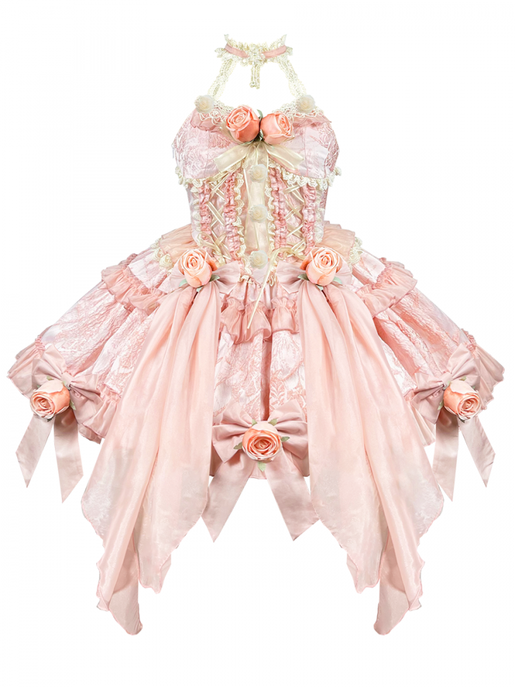 [$89.50]Light Pink Lonza Jewel Floral Design Halter Neck Ruffle Trim Lolita JSK