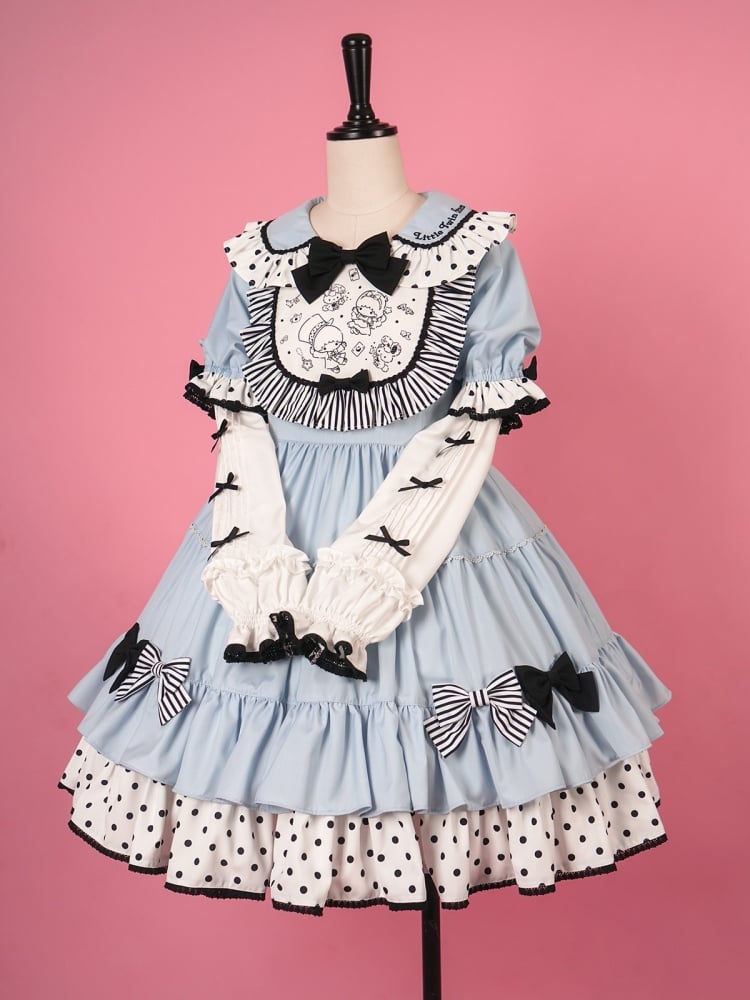 [$94.50]Sanrio Authorized Little Twin Stars Bowknot Details Ruffle Trim Short Sleeves Lolita OP Color Blue