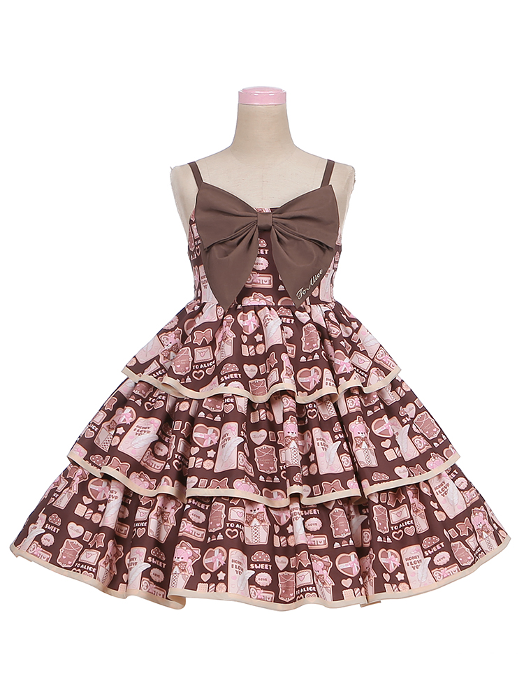 Bear Candy Biscuit Print Big Bow Tiered Skirt and Flounce Hem