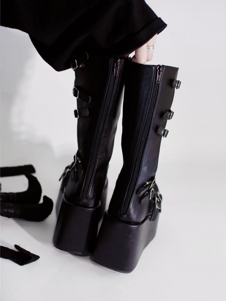 Black 10cm Sole Height Bandage Buckle Straps Gothic Platform Boots