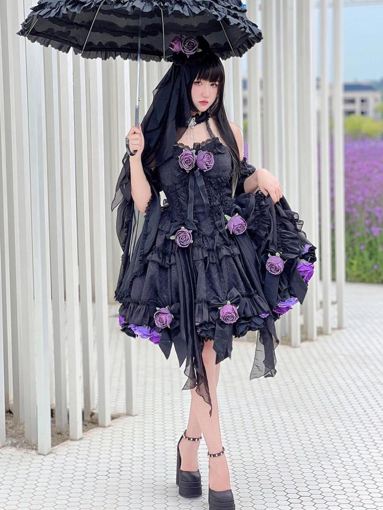 [$89.50]Black Lonza Jewel Floral Design Halter Neck Ruffle Trim Lolita JSK