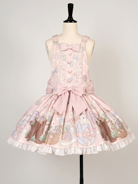 [$72.00]Easter Bunny Ruffle Hemline Lolita Overall Dress Color Pink