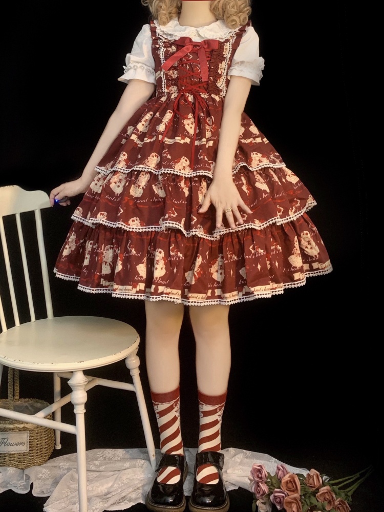 Doris Red Lace-up Bodice Doll Print Tiered Flounce Hem Sweet Lolita JSK 