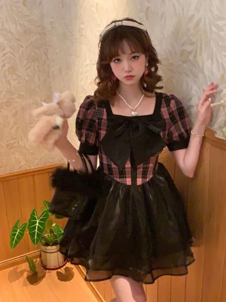 [$45.67]Plaid Pattern Puff Sleeves Sweetie Baby Black and Pink  Dress