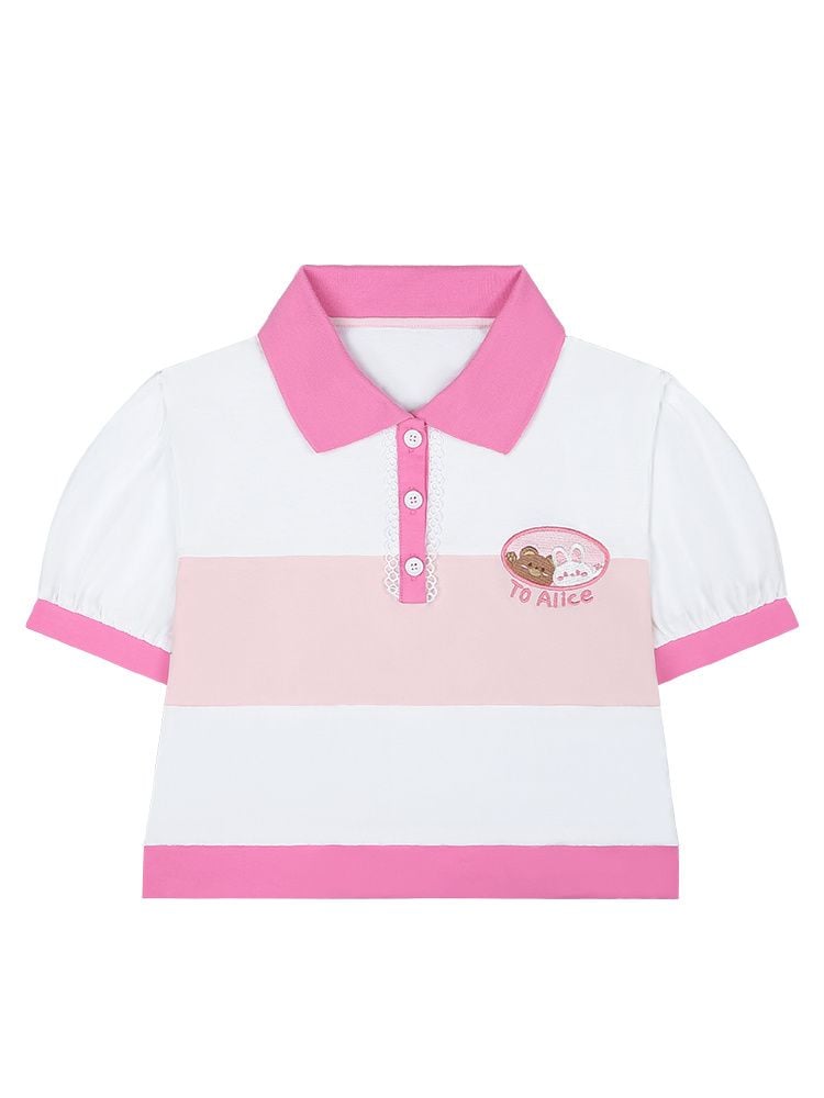 Bear and Rabbit Embroidery Colorblock Design Top