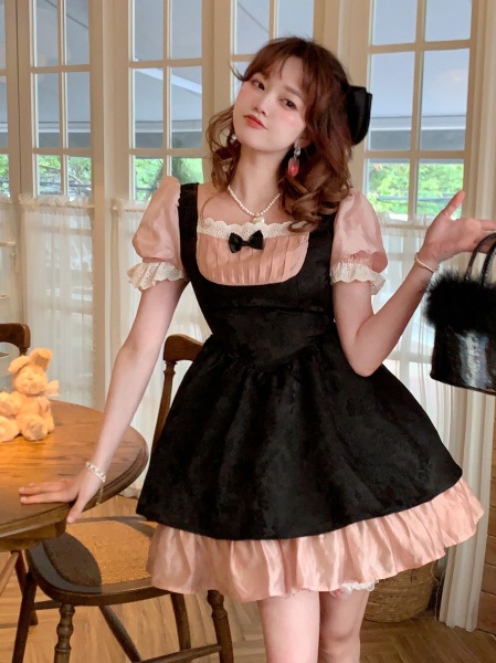 [$51.08]Puff Sleeves Radio Rabbit Black and Pink Dress
