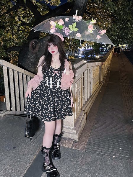 [$42.97]Plus Size - Black Floral Print Slip Dress+Pink Long Flounce Sleeves Top Set