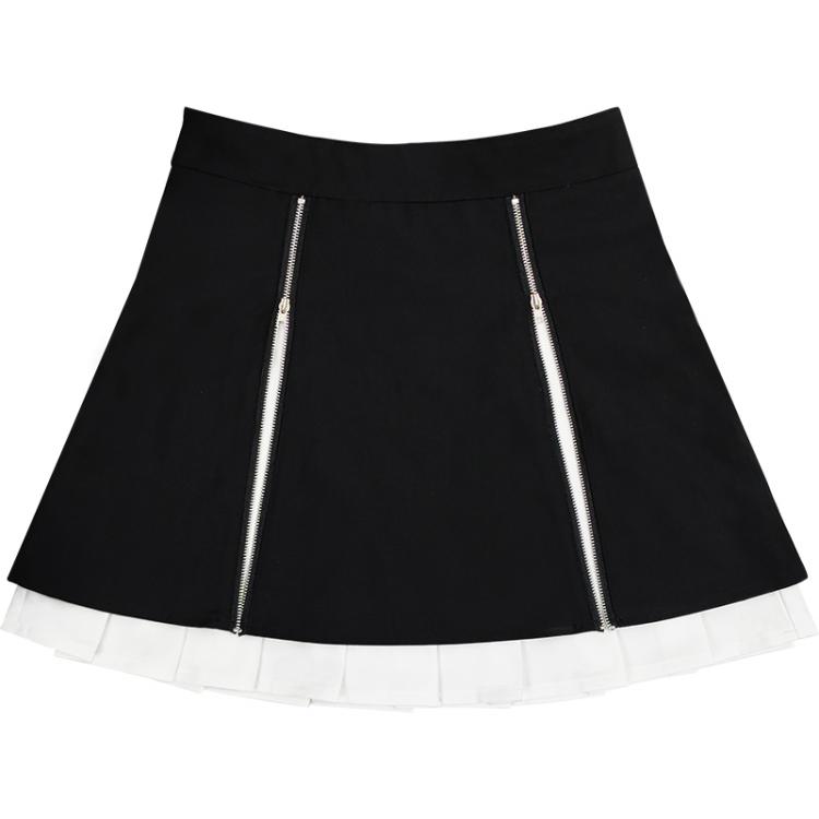 Black and White Zip Slit Design Pleated Skirt