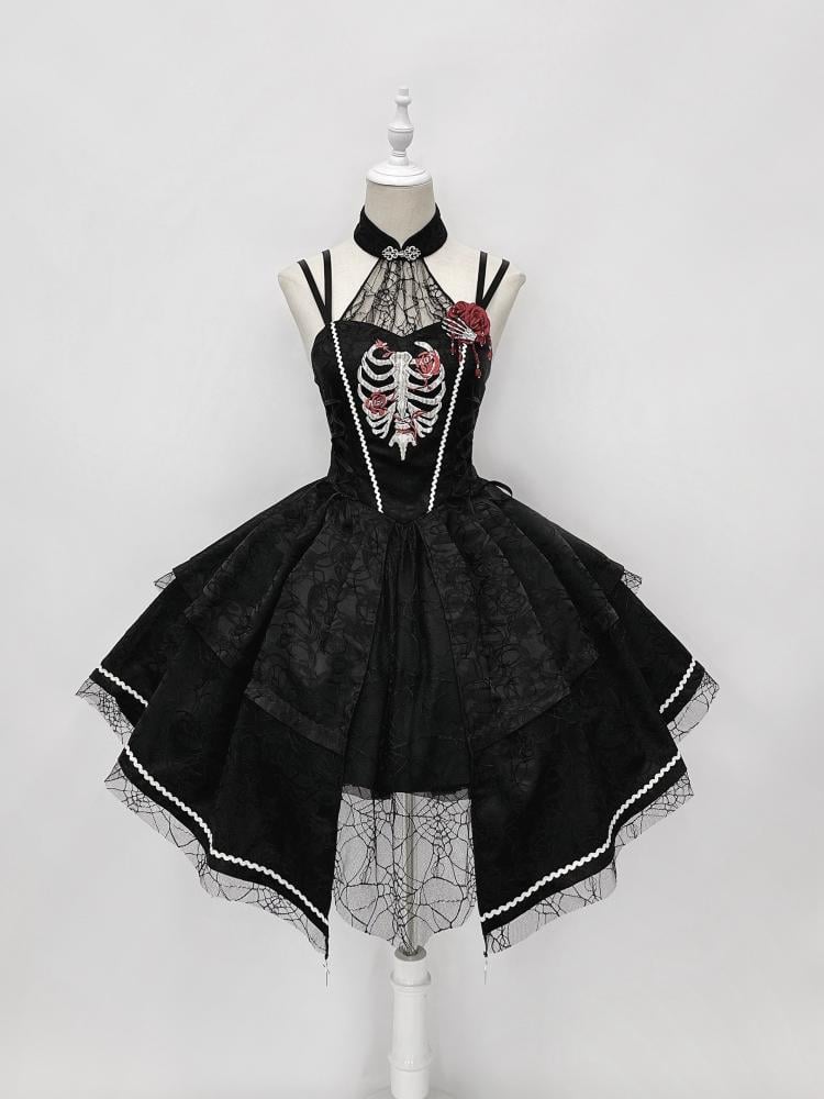 Broken Heart Black Rose Ribs Embroidery Lace-up Bodice Irregular Hem Gothic Lolita JSK/JSK+Bolero Set
