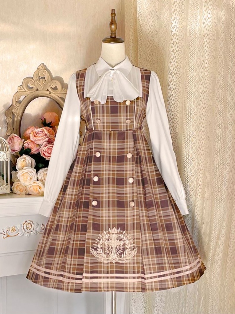 Little Detective Fake Two-pieces Design Plaid Pattern Long Sleeves Lolita OP