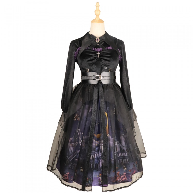 Witch Town Bat Collar Shirt / Tulle Overlay Gothic Jumper Skirt Set
