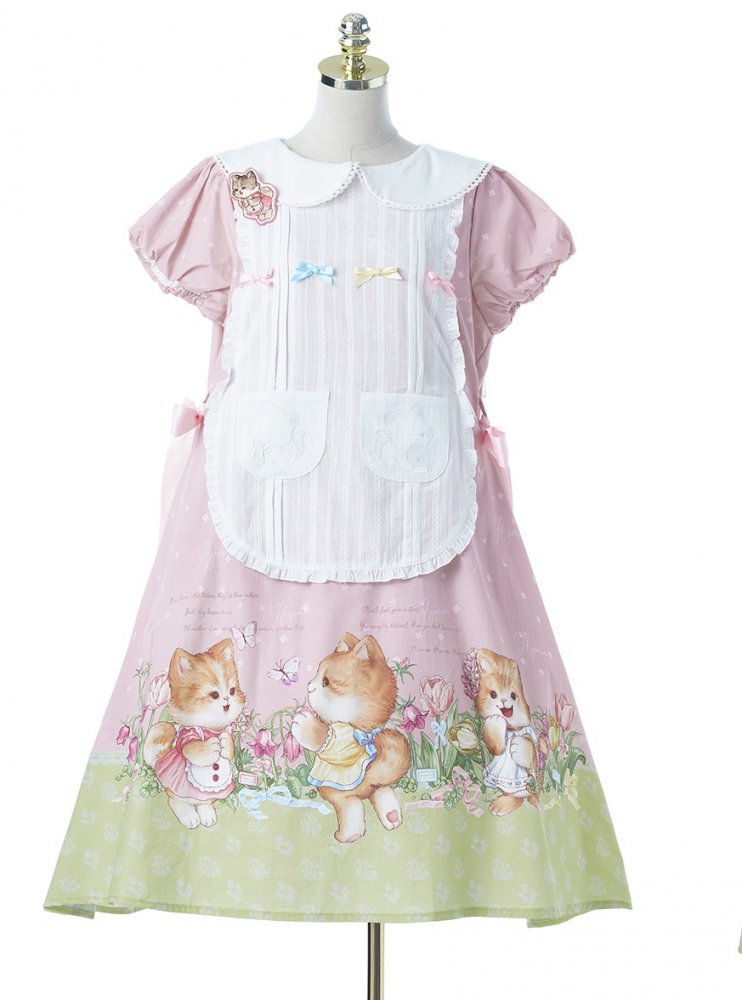 Pink Cat Embroidery Bowknot Details Overdress
