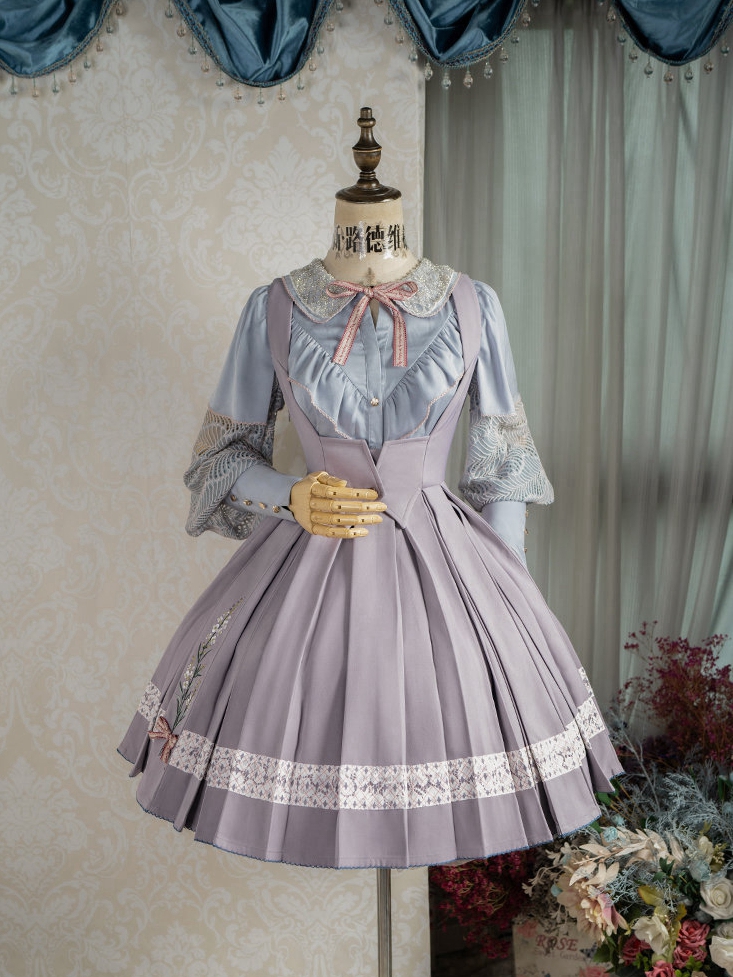 Willow Leaf Galaxy Floral Embroidery Box Pleat Hem Lolita Overall Dress