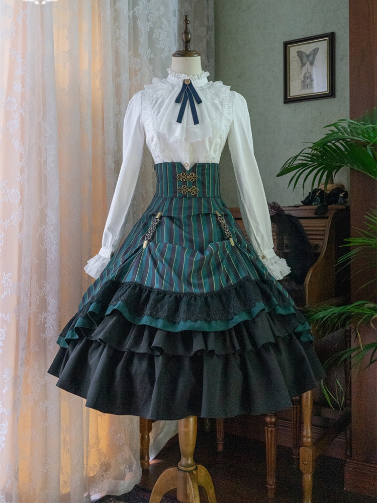 [$83.50]Poynt Manor Stripe Pattern High Waist Corset Skirt