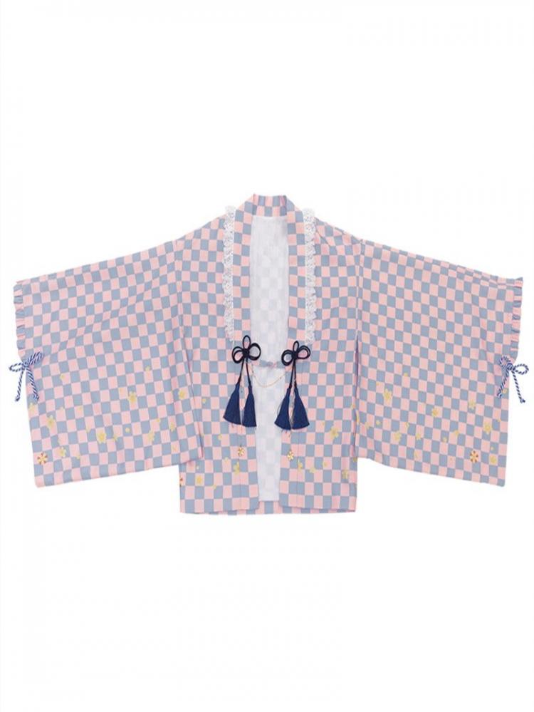 [$66.00]Blue Wa Lolita Check Pattern Bowknot Details Haori