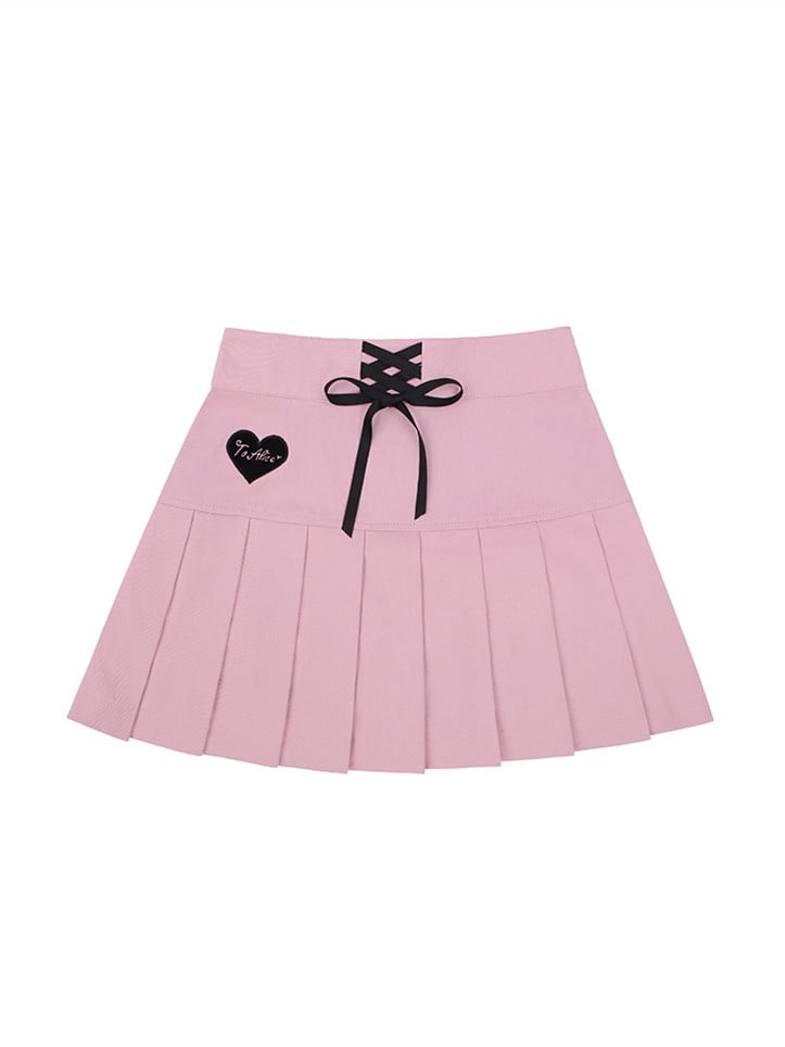 Bud Zoo Denim Lace-up Detail Pink Pleated  Skirt