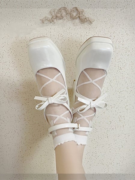 [$49.00]Buckle Ankle Strap White Block Heel Mary Janes Lolita Shoes