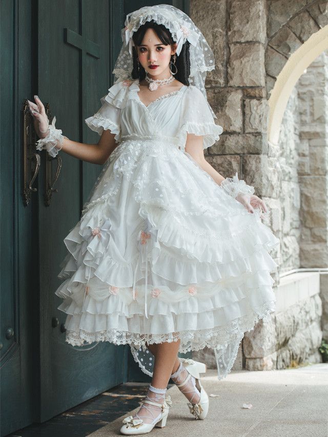 White Swan Lake Floral Design Tiered Ruffles Skirt Lolita OP Set