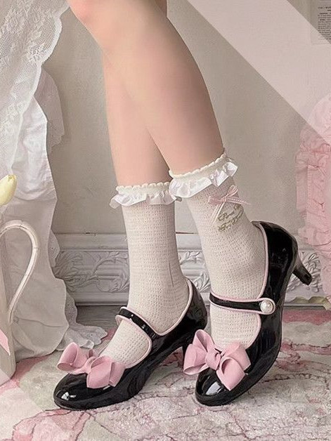 PU Cocoa Black and Pink Bowknots Mary Janes Lolita Shoes